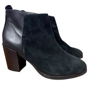 Lands End Womens Black Leather Suede Block High Heel Ankle Boots Booties Shoes 7